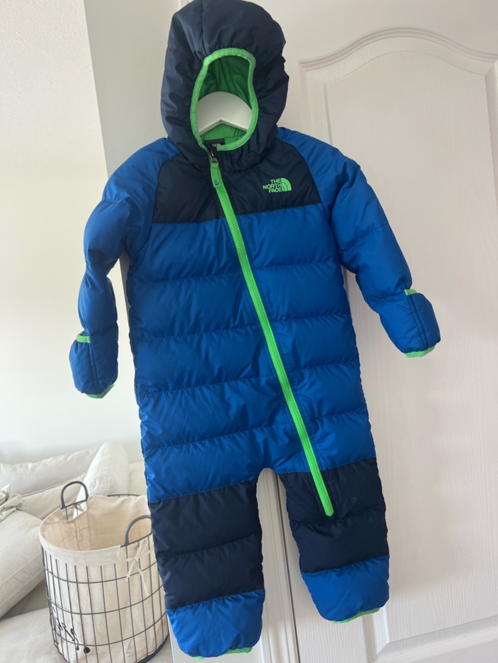 The North Face Blue & Navy Hooded Down One-Piece Snowsuit with Neon Green Trim